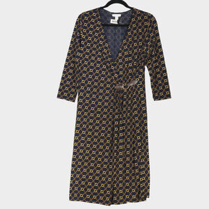 Charter Club Dress Womens Medium Blue Brown Faux Wrap Slinky Stretch Career